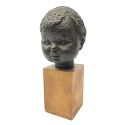  20th century bronze head of a child on wooden base, indistinctly signed in pencil, H33cm overall   