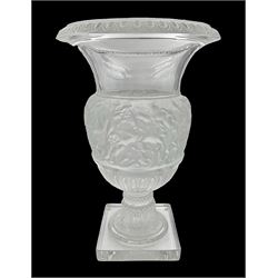 Large and impressive Lalique Versailles pattern glass vase, of classical baluster form with gadrooned flared rim, the body moulded in relief with fruiting vines above part fluting, upon a spreading circular foot with moulded decoration, and plain square plinth base, signed Lalique France to side of plinth, overall H35cm, with original box 