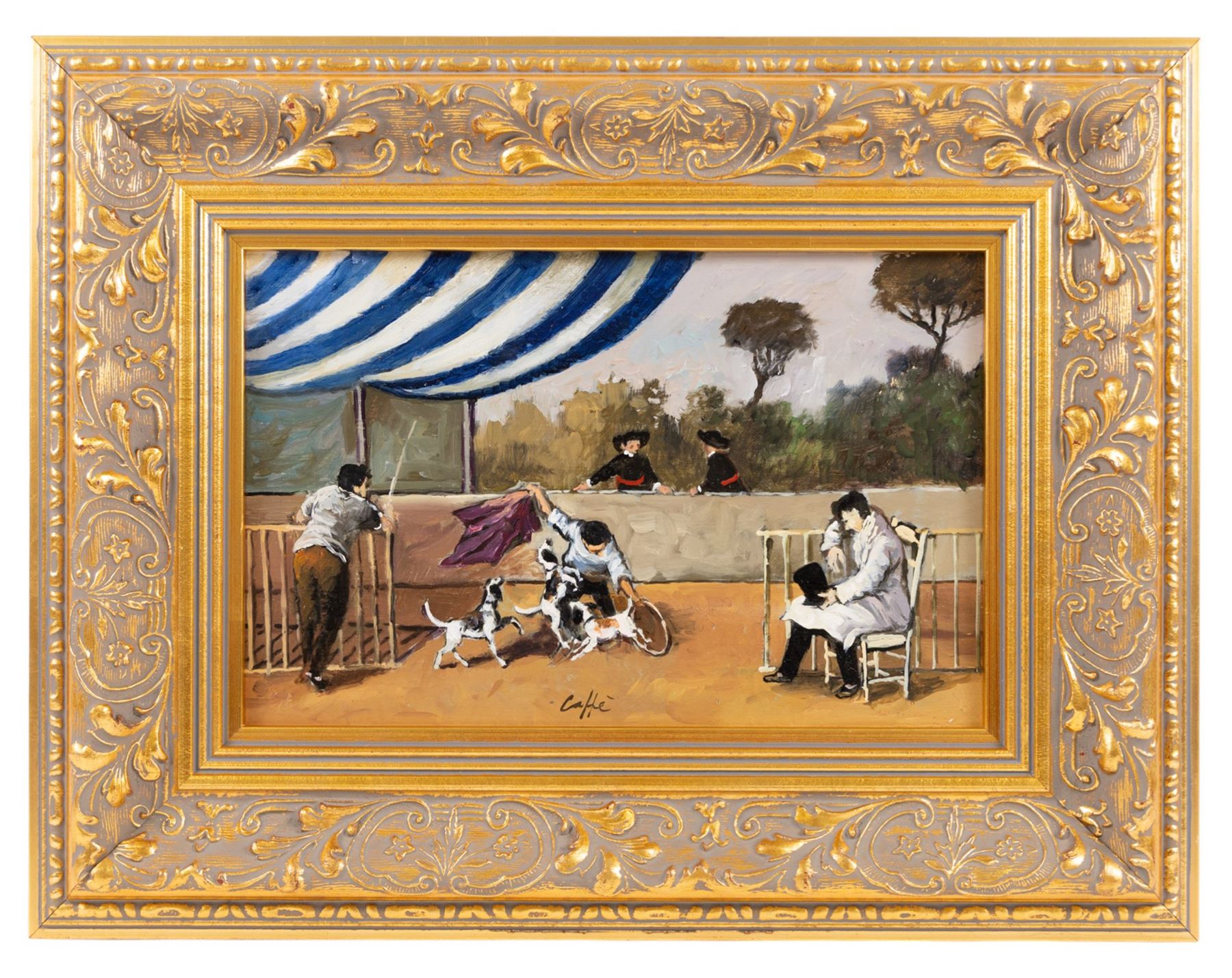 Nino Caffe (Italian 1908/9-1975): Performing Dogs, oil on panel signed, 17cm x 26.5cm
Provenance: authenticated in the Nino Caffe archive dated 1964, copy attached
