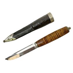 Norwegian staksniv hunting knife with 10cm single-edged steel blade in tooled leather sheath with nickel mounts L23cm overall