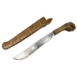 Malaysian parang survival knife the 29cm steel blade with character marks, cane bound teak grip carved with a stylised turtle head to the pommel, with matching teak scabbard L46cm overall