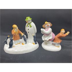 Four Coalport Characters The Snowman figures, comprising Dancing the Night Away with certificate, Penguin Pals, with certificate, Dressing Up and Soft Landing, all with original boxes 