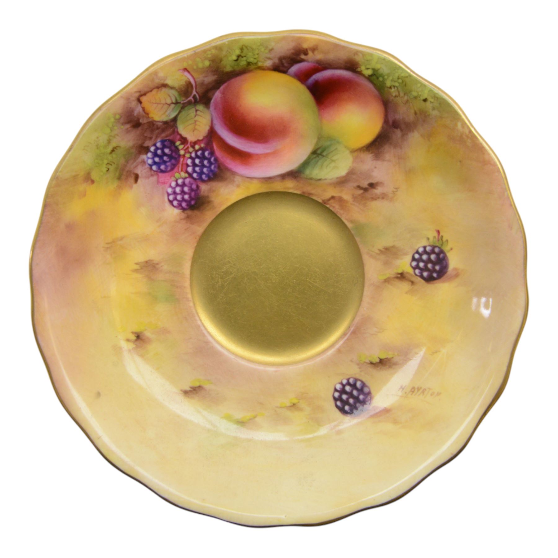 Royal Worcester fruit painted cabinet scallop edge teacup and saucer,  interior hand painted with apples and berries upon a mossy ground, the cup exterior and centre of saucer gilded, cup signed W. Bee and saucer signed H. Ayrton, each with puce coloured printed marks beneath, H8cm