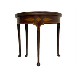 Georgian inlaid mahogany demi-lune card table, fold-over top banded in satinwood and inlaid with fan motif, the tops hinge to reveal storage compartment, the interior inlaid with concentric stringing, the frieze inlaid with geometric satinwood motifs, single gate-leg action base on cabriole supports