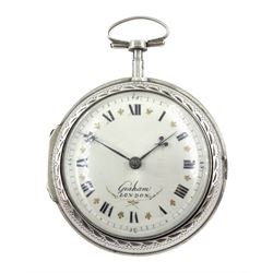 18th century silver and tortoiseshell quadruple cased verge fusee pocket watch by Graham, London, square baluster pillars, pierced and engraved balance cock, signed white enamel dial with Roman numerals and Fleur de Lys decoration, tortoiseshell third outer case with pique work to the borders, in a fitted later white metal fourth case