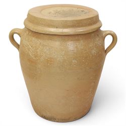 Three large 20th century Spanish stoneware confit pots and covers, each of ovoid form with twin loop handles to shoulders, and lift off covers, tallest example H43.5cm