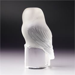 Lalique 'Chouette' frosted glass owl paperweight,  inscribed 'Lalique, France' to plinth, H9cm