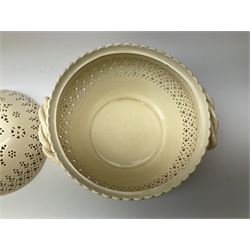 Large 20th century Leeds pottery basket and cover, of bulbous form with pierced detail and twin rope handle, with impressed mark beneath, H23cm D25cm