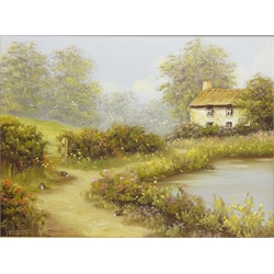  Bunnies in Front of a Rural Cottage and by a Stream, pair of 20th century oils on canvas signed by T Heath 29cm x 39cm (2)  