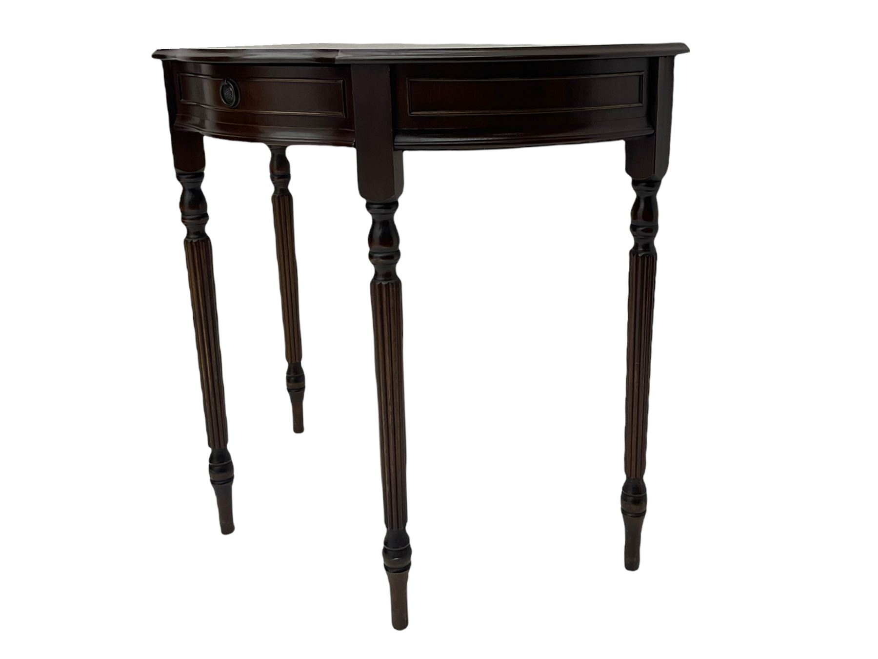 Victorian style mahogany console table, shaped moulded top on scrolled supports, moulded and canted base (W91cm, H76cm, D41cm), and a reproduction mahogany console or side table on reeded supports 
