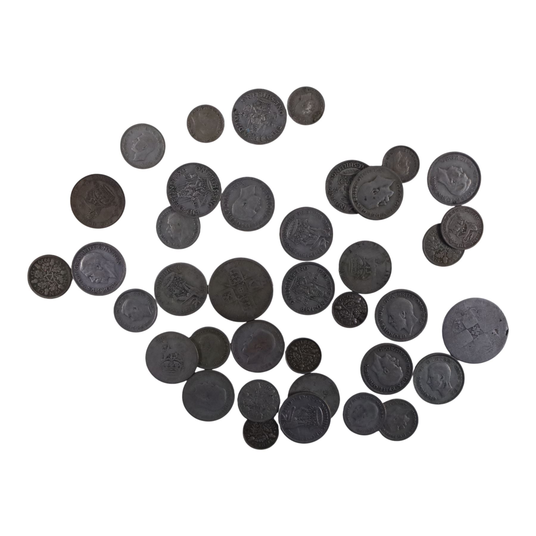 Approximately 16 grams of Great British pre-1920 and approximately 160 grams of pre-1947 silver coins, together with further pre-decimal coins, a Guernsey 1868 eight doubles, and an Ireland George III 1769 half penny