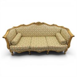 Louis XV design giltwood framed settee, the frame with applied foliate detail,  three loose seat cushions, upholstered in pineapple patterned fabric