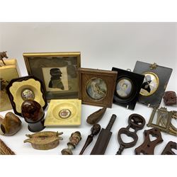 19th century and later portrait miniatures and silhouettes, a small collection of miniature brass fames, various pieces of treen and miscellanea in two boxes