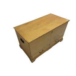 Victorian pine blanket box or mule chest, fitted with hinged lid and single drawer, on bracket feet with shaped apron
