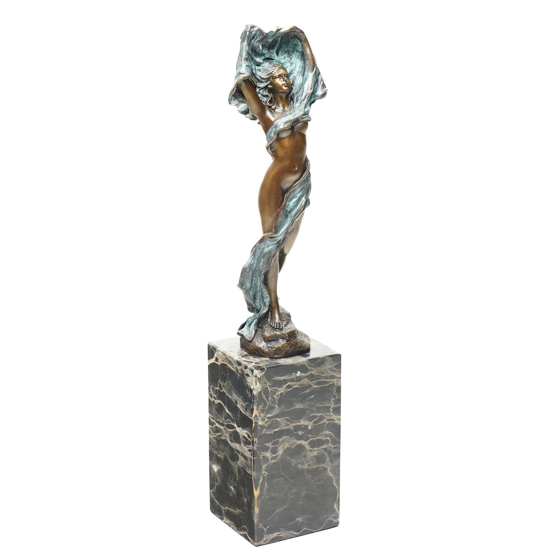 After Milo - bronze sculpture of a dancing lady, on two-tone plinth, H35cm 