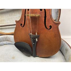 Mid-19th century German violin with 36cm two-piece maple back and ribs and spruce top, bears label 'Riccardo Antoniazzi Cremonese fece in Milano l'anno 1896' L59.5cm overall; in walnut case with two part bows