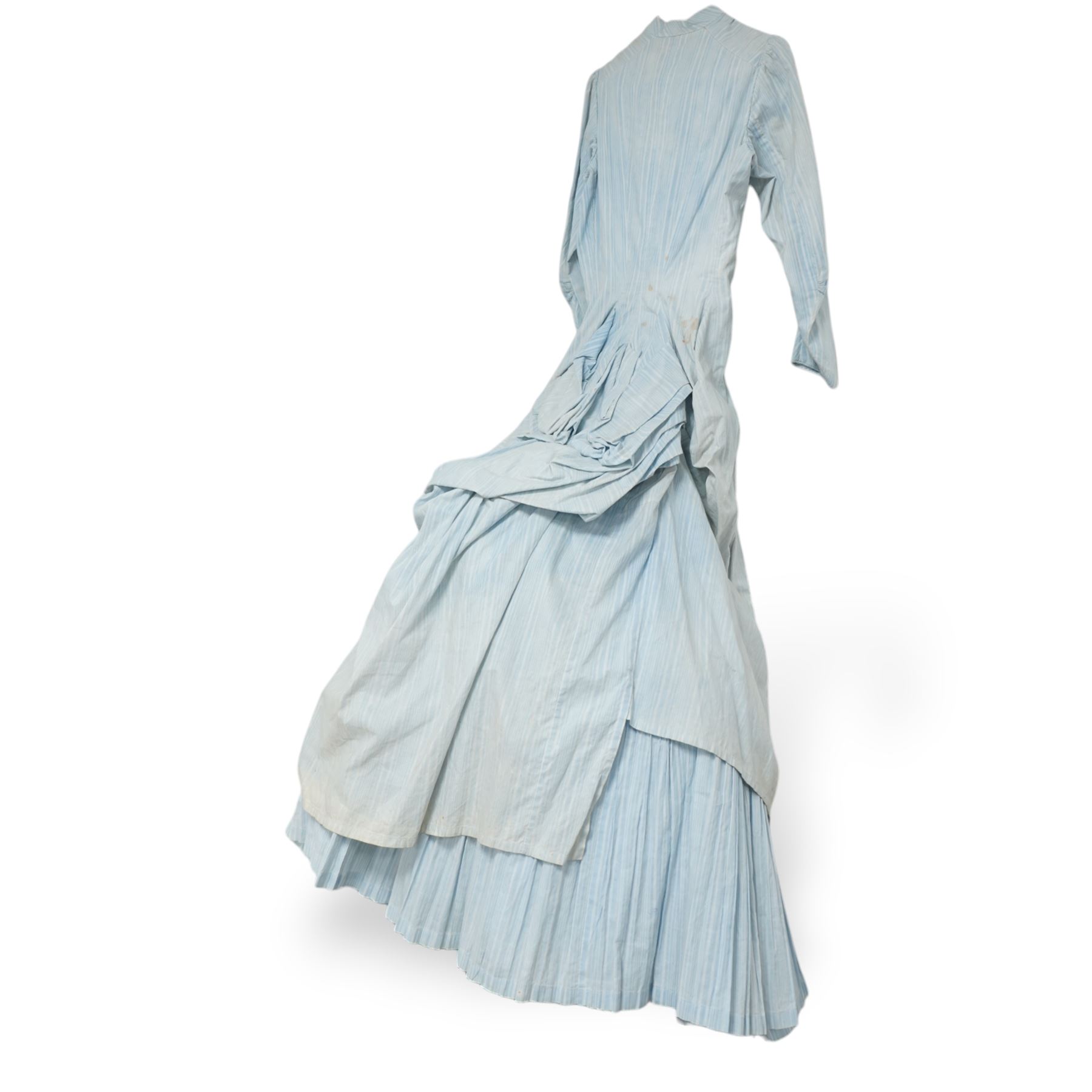 Victorian ladies button-down bodice and skirt, in blue and white striped fabric with pleated detailing, the skirt with gathered bustle back