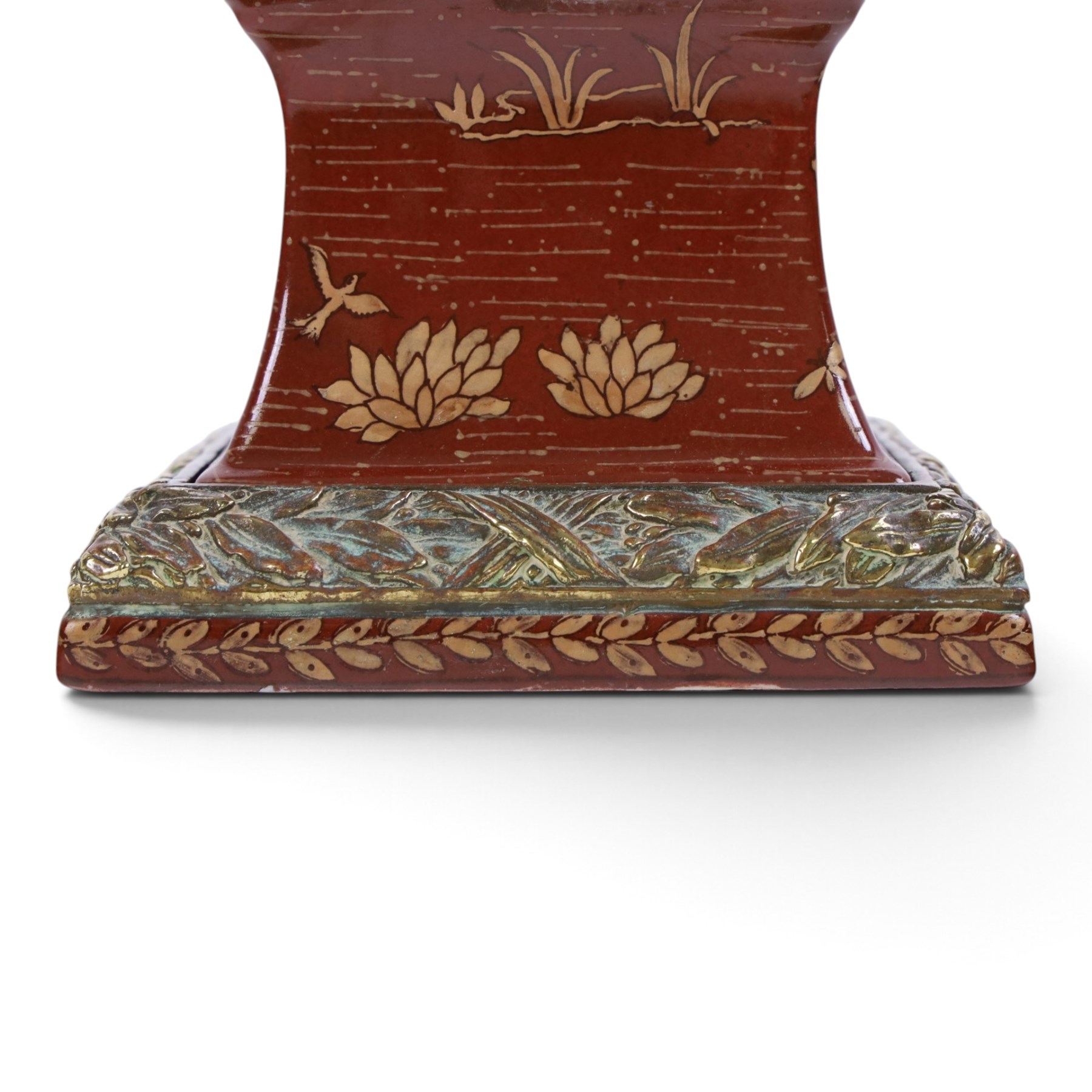 Wong Lee ceramic and brass obelisks, decorated with deer, trees and butterflies mounted on a brass elephant with brass to the base and top, H64cm