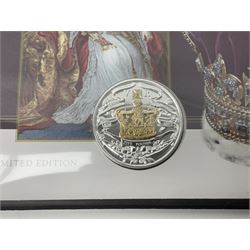 Three Mercury coin covers, comprising ‘The Queen Elizabeth II and Queen Victoria Coronation Anniversary Double Commemorative’ 31st July 2013, ‘The Flown Dambusters Anniversary Silver Coin Cover’ and ‘The Trenches First World War Centenary Silver Coin Cover’, each housed in a Westminster folder