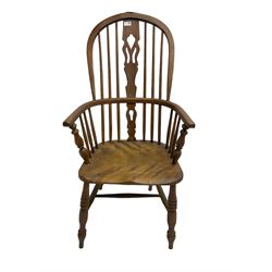 19th century elm and beech Windsor armchair, stick back with pierced splat, on turned supports with H-shaped stretchers
