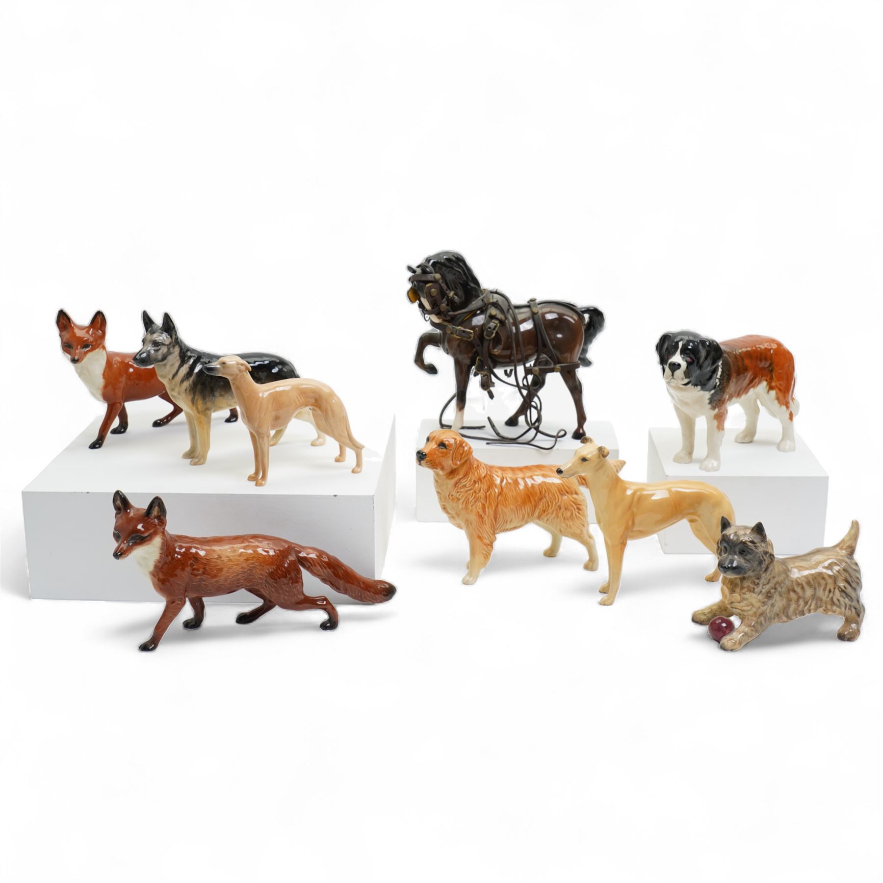 Six Beswick dogs comprising St Bernard No.2221, Greyhound No.972, Alsatian No.969. Whippet No.1786B, Cairn No.1055A and Retriever No.1855, two Beswick foxes and a harnessed horse
