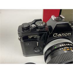 Canon FTb camera body, serial no. 715838, with 'Canon FD 50mm 1:1.8' lens, serial no. 207888, in original box, together with Canon FTb camera body, serial no. 557817, with 'Canon FD 35mm 1:3.5 S.C' lens, serial no. 126210 and Canon EX Auto camera body, serial no. 296244 with 'Canon EX 50mm 1:1.8' lens, serial no. 380869  