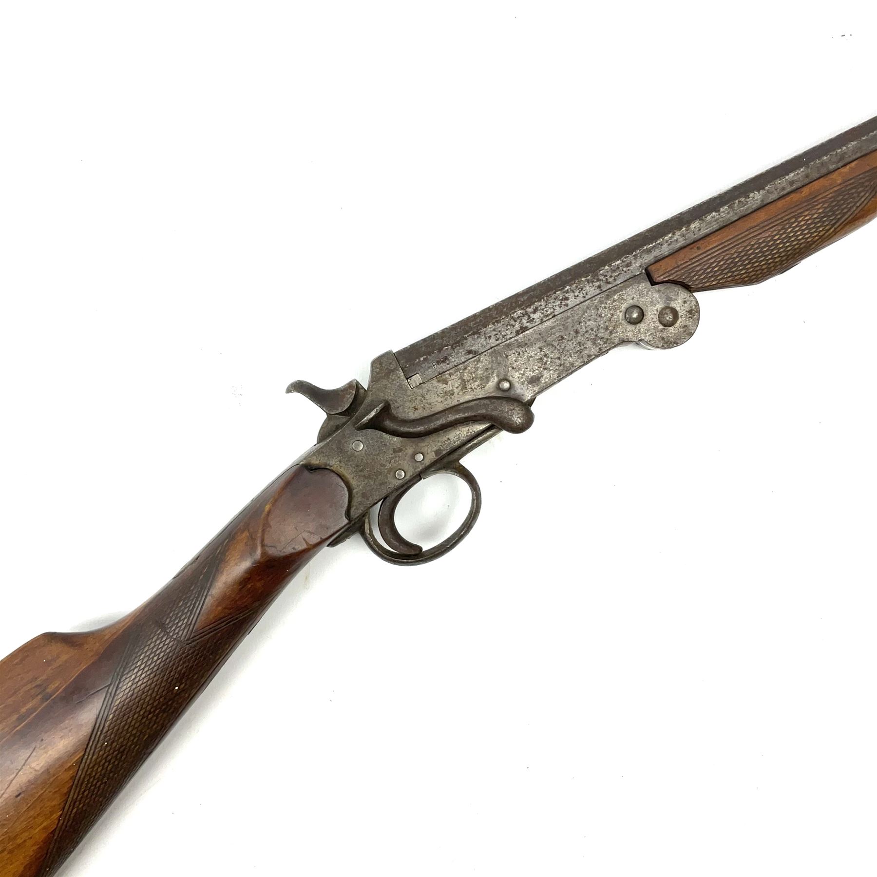 Belgian .410 folding 'poacher's' gun with 71.5cm barrel, side lever opening, centre hammer action and walnut stock with chequered grip and fore-end L110cm overall SHOTGUN CERTIFICATE REQUIRED