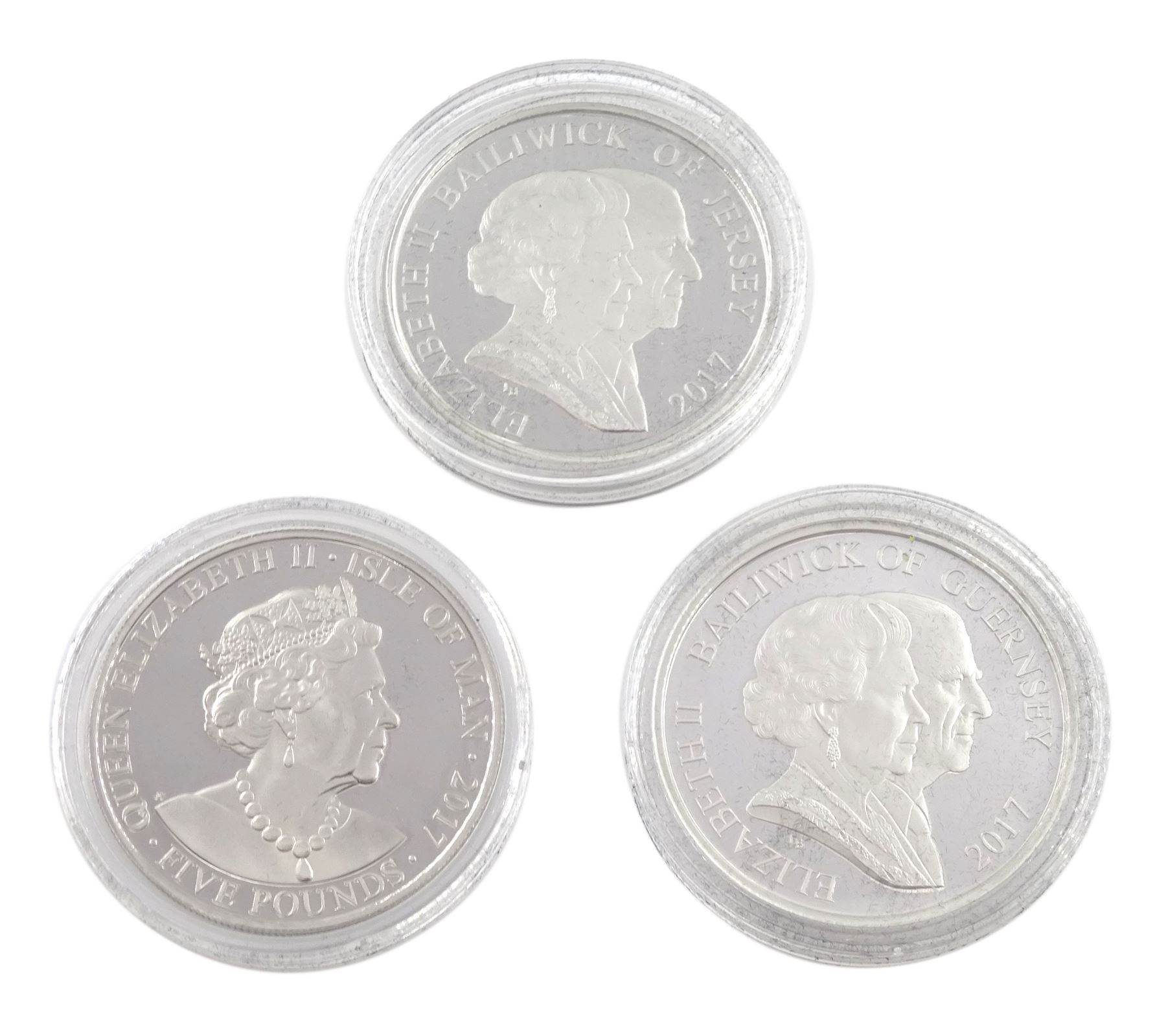 Queen Elizabeth II 2017 '20th November 1947 Platinum Wedding Anniversary' platinum three coin set, comprising Isle of Man, Bailiwick of Jersey and Bailiwick of Guernsey five pound coins, each weighing 39.94 grams minted in 995/1000 platinum, cased with certificate 