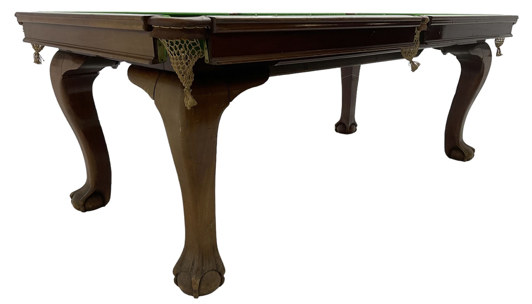 Riley - early 20th century mahogany snooker dining table, slate bed snooker table with dining leaves, on cabriole supports with ball and claw feet; together with accessories 
