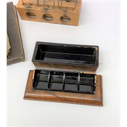 A selection of collectables, to include five Victorian daguerreotypes and ambrotypes, one example cased, bone glove stretchers, an early 20th century 'The Camden' whist marker by Goodall & Son of London, boxed ebony and bone dominoes, four wine labels, six child's magic lantern slides, a Bingham London Patent travel candlestick holder, three hole mouse trap, parquet style stamp holder,  etc. 