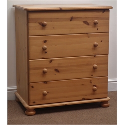  Solid pine narrow chest, four drawers, bun feet, W75cm, H87cm, D47cm  