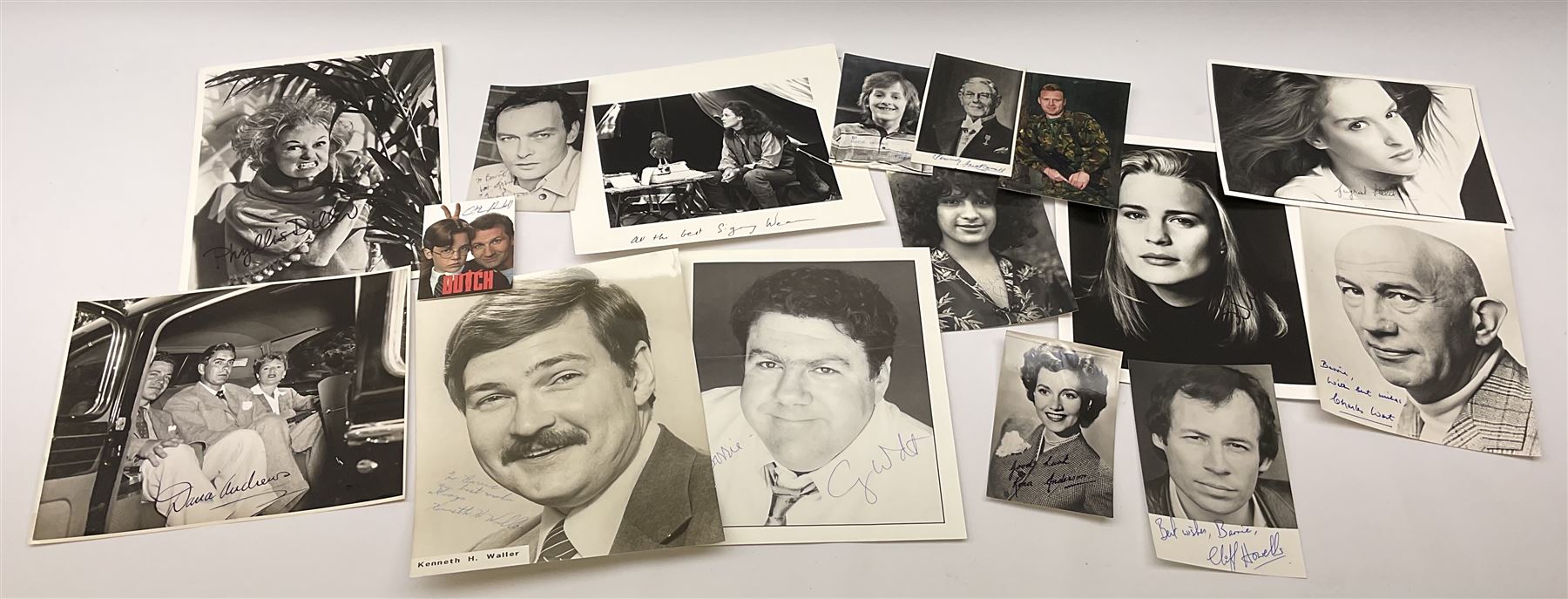 Collection of  autographs, mostly entertainment personalities, including Stephen Fry signed headshot, Billie Piper signed headshot, Red Skelton, Farley Granger, Gerald du Maurier, John Gielgud, Gareth Hunt, Bernard Bresslaw, Mae Clarke, George Formby, George Arliss, Diana Manners, Matheson Lang, Frank Lawton, Evelyn Laye, Ronnie Corbett, Twiggy, Margaret Lockwood, Paul Newman, Leslie Howard, Tony Curtis, Jason Isaacs, Danny Glover, Dick Van Dyke, Robert Donat, Ruth Madoc, Simon Cadell, Spike Milligan etc, approximately 270 in total 