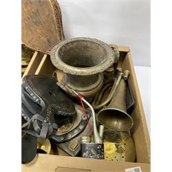 Baird and Tatlock cast-iron and brass Bunsen burner, horseshoe and horse brass mounted on wood plaque with leather, silver plated twin handled urn, other brassware and metalware etc