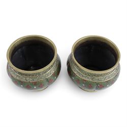 Pair of cloisonne bowls, decorated with flowers upon a blue ground, together with a pair of cloisonne pots, teapot and hot water pot