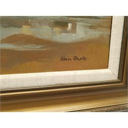 Alan Stuttle (British 1939-): Seagulls over 'Scarborough' North Bay, oil on canvas signed, titled and dated 1989 verso 24cm x 50cm