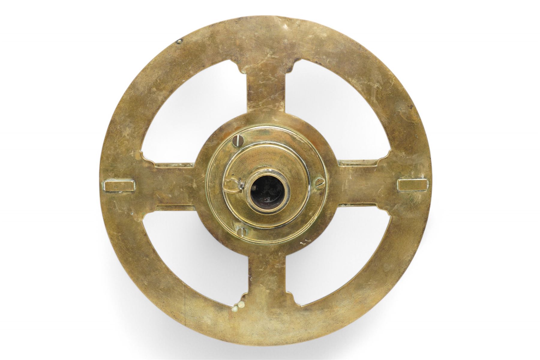 Ihon (John) Coggs of Fleet Street, London,- George II brass circumferentor (theodolite) c1730, housing a cylindrical glazed compass with a steel  indicating hand and engraved (formerly silvered) eight point compass rose to the centre, outer track divided into two-degree intervals and a subsidiary Arabic numeral chapter ring divided into ten minute intervals, mounted on a 12