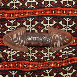 South West Persian Qashqai bag, woven body decorated with bands of geometric motifs in red, ivory and dark tones, with leather fittings and straps, underside with flatweave stripped bands 