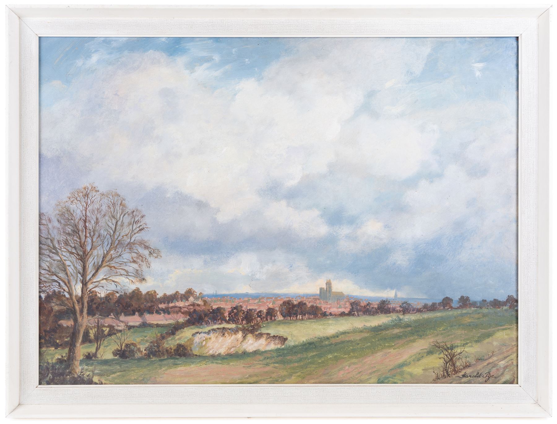 Harold Pye (Fylingdales Group Mid-20th Century): View Towards Bridlington, oil on board signed 55cm x 75cm 