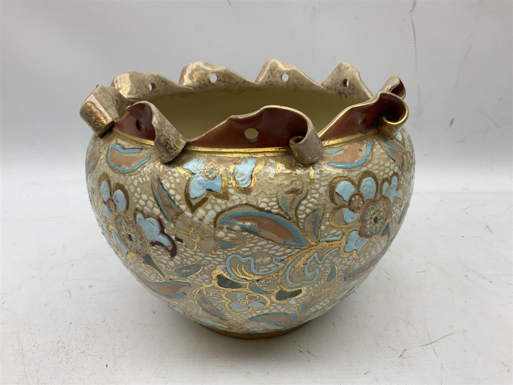 Three jardinières comprising West German Gerz example decorated in relief, Doulton Slaters example with frilled everted rim and a majolica example, and a further two Arthur Wood majolica jugs (5)