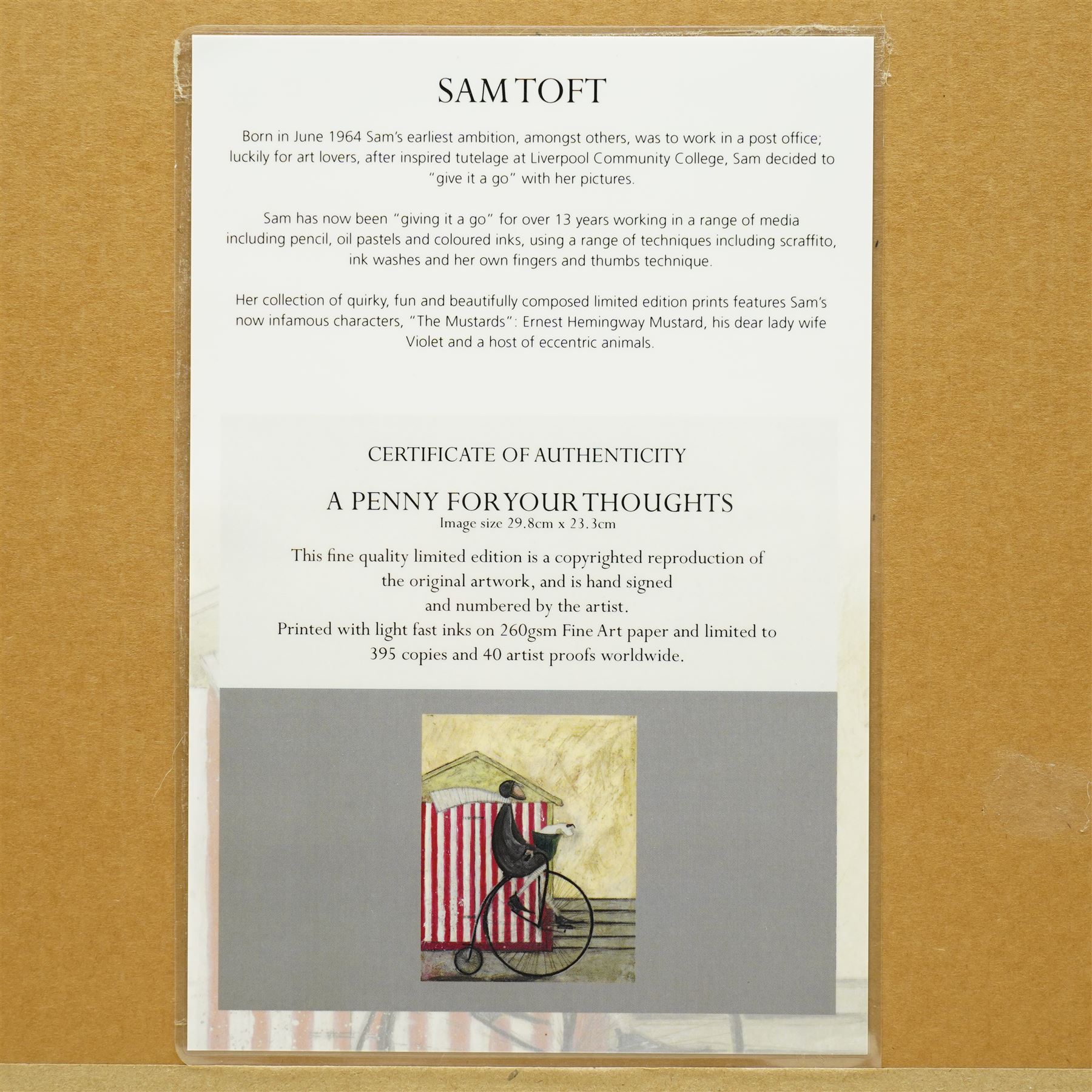 Sam Toft (British 1964-): 'Room with a View' 'Tea for Two' 'On the Edge of the Sand' and 'A Penny for your Thoughts', set five colour prints, two limited edition signed and titled in pencil max 34cm x 86cm (5)