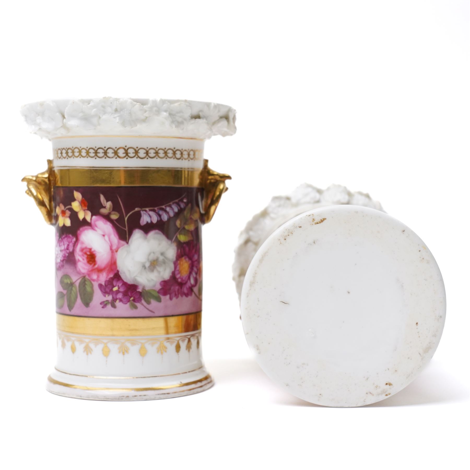 Pair of 19th century spill vases, the rim with encrusted decoration, the central band hand-painted with flowers on a claret ground, unmarked but in the manner of Coalport, H11cm 