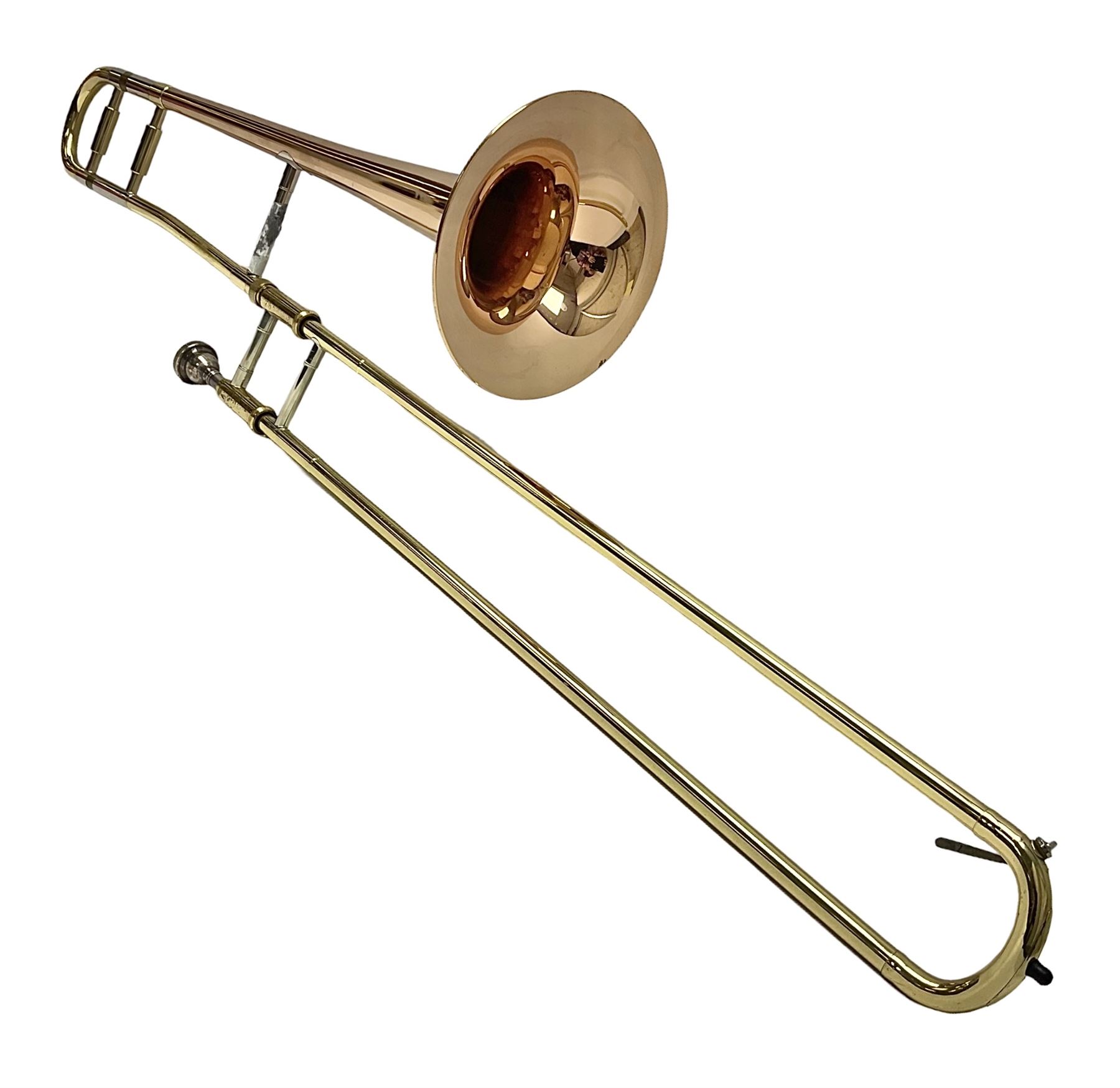 Sebastian Bucklet Aquae Sulis copper and brass trombone No.0910004; in lightweight carrying case; and Kinsman folding tubular chrome music stand in case (2)