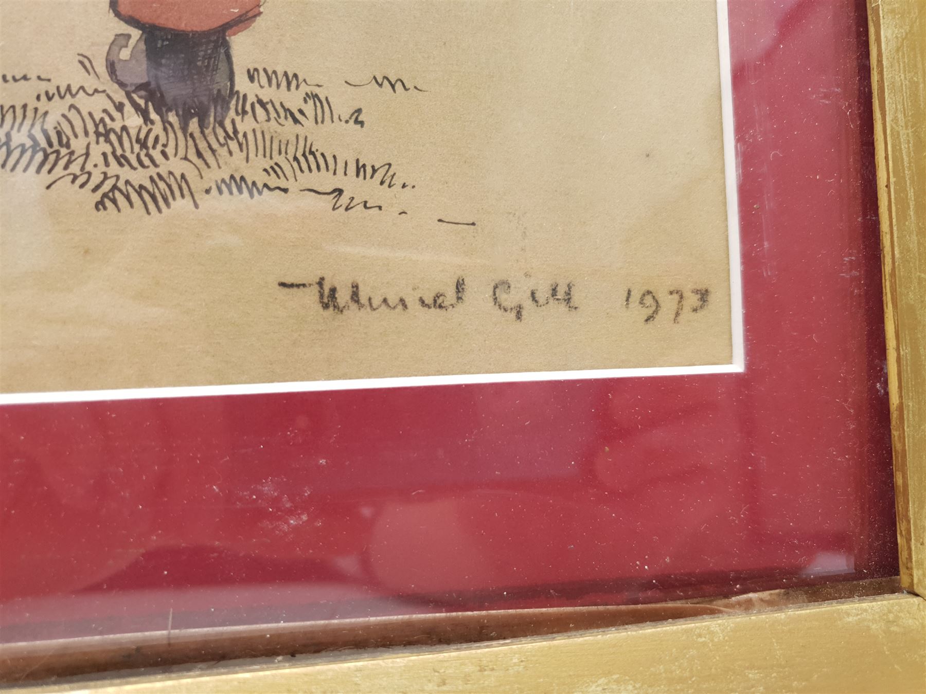 Muriel Gill (British mid 20th century): In the Training Paddock, watercolour and ink signed and dated 1973, 41cm x 65cm