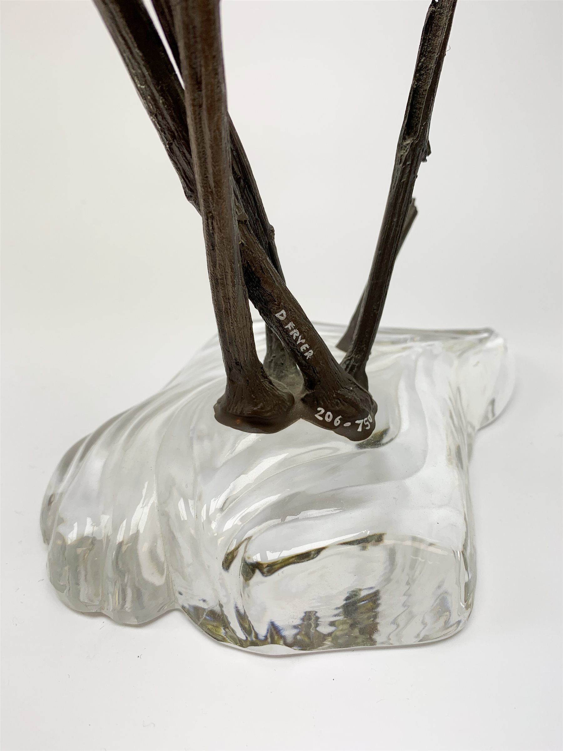 David Fryer Studios for Royal Worcester, a limited edition bronze and porcelain model of a kingfisher in flight, supported by bronze rushes, upon a clear base, signed D Fryer, and numbered 206/750, H48cm. 