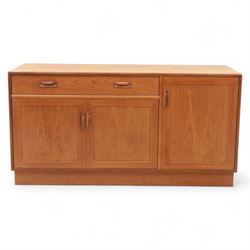 G Plan - Mid-20th century teak sideboard, fitted with single drawer above three cupboard doors, recessed handles throughout, raised on a plinth base