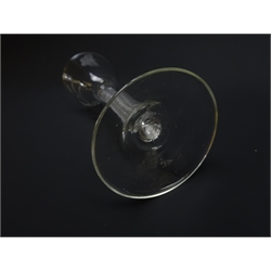  Georgian Jacobite style wine glass, pointed round funnel bowl engraved with a carnation and butterfly opposing above air twist stem on domed foot, H15.5cm   
