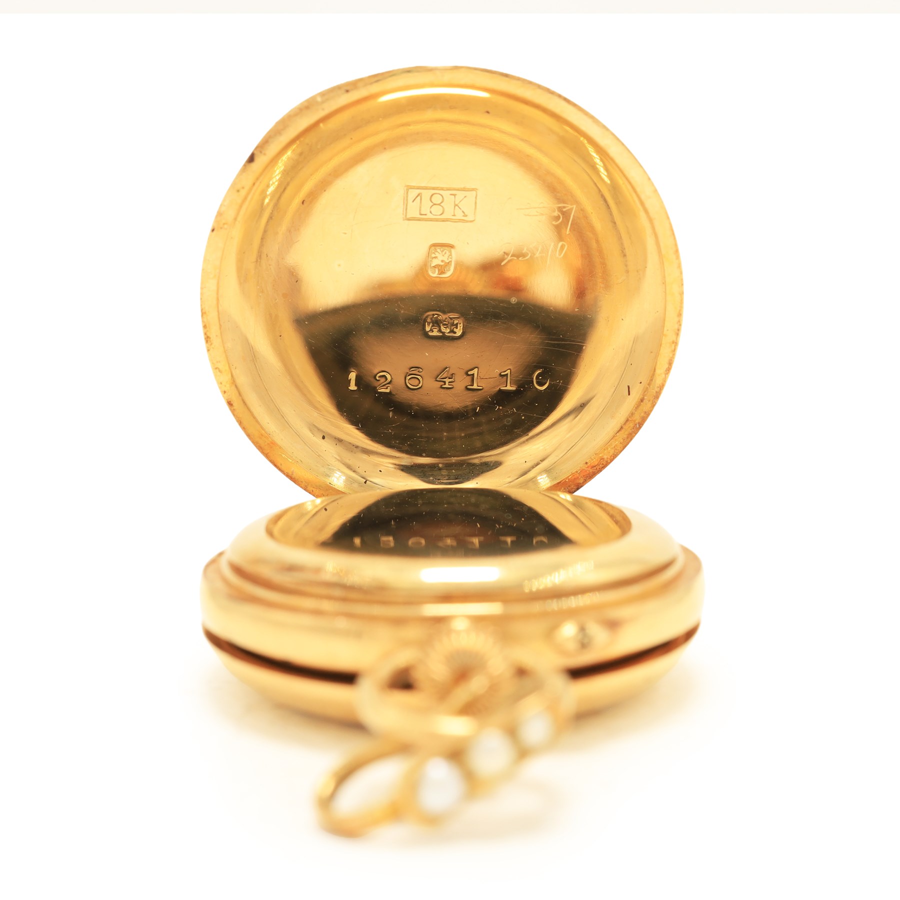 Early 20th century 18ct gold half hunter keyless lever fob watch by Asprey, white enamel dial with Arabic hour markers, the back case engraved with name stamped 18K with Helvetia hallmark, on 15ct gold pearl pendant