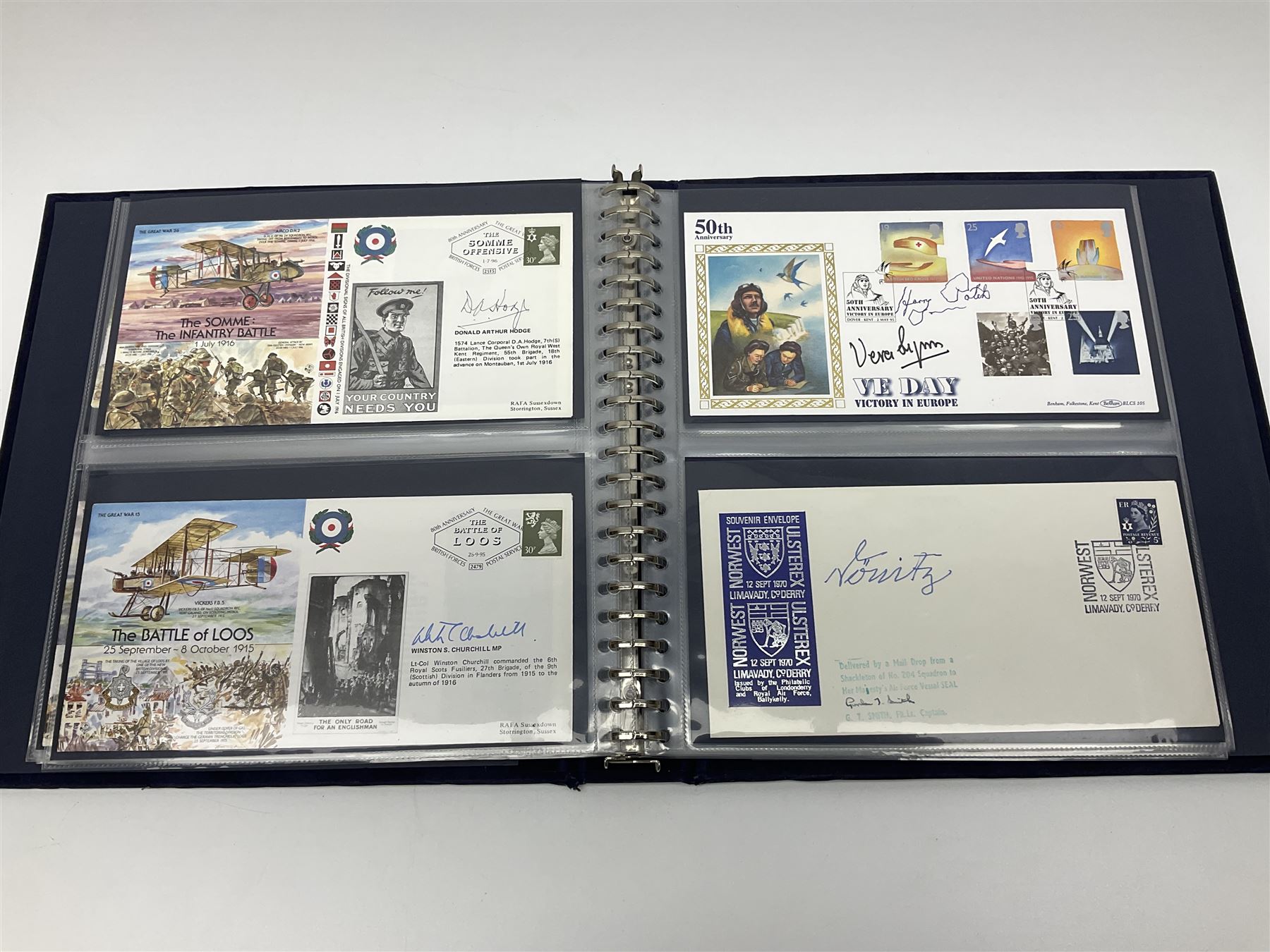 First Day Covers - approx. one hundred flying related and other military FDCs 1970s-2000s, mainly WW2 interest and bearing signatures; British, Channel Islands, Continental, Australia etc; signatures include Vera Lynn, J.H. Lacey, 'Johnnie' Johnson, Barnes Wallis, Bill Reid VC, various other gallantry medal winners, Dam Busters, Battle of Britain, Terence Otway, Leonard Cheshire, Stanford Tuck etc; loose and in a Benham album
