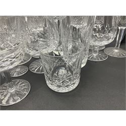 Set of Waterford Crystal Lismore pattern drinking glasses for six people, including hock glasses, goblets, champagne flutes,  sherry glasses, liqueur glasses, hi ball glasses, whisky glasses, brandy balloons, etc, all with etched maker's mark beneath  (62)