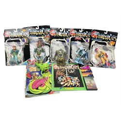 Five 1980s LJN Thundercats figures - Lion-O with sword, Snowman, S-S-Slythe, Tygra and Mumm-Ra; all re-bagged on original backing cards; partially stocked Panini sticker album; story cassette tape and three catalogues; together with Ghostbusters Slimer with food and Comic
